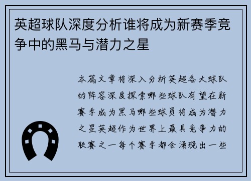 英超球队深度分析谁将成为新赛季竞争中的黑马与潜力之星